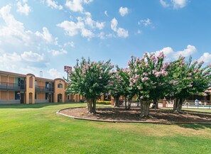 A hotel with a courtyard featuring trees with pink flowers, a clear blue sky, and a signboard. - Red Roof Inn Forsyth (Forsyth)