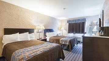 Desk, laptop workspace, blackout drapes, iron/ironing board