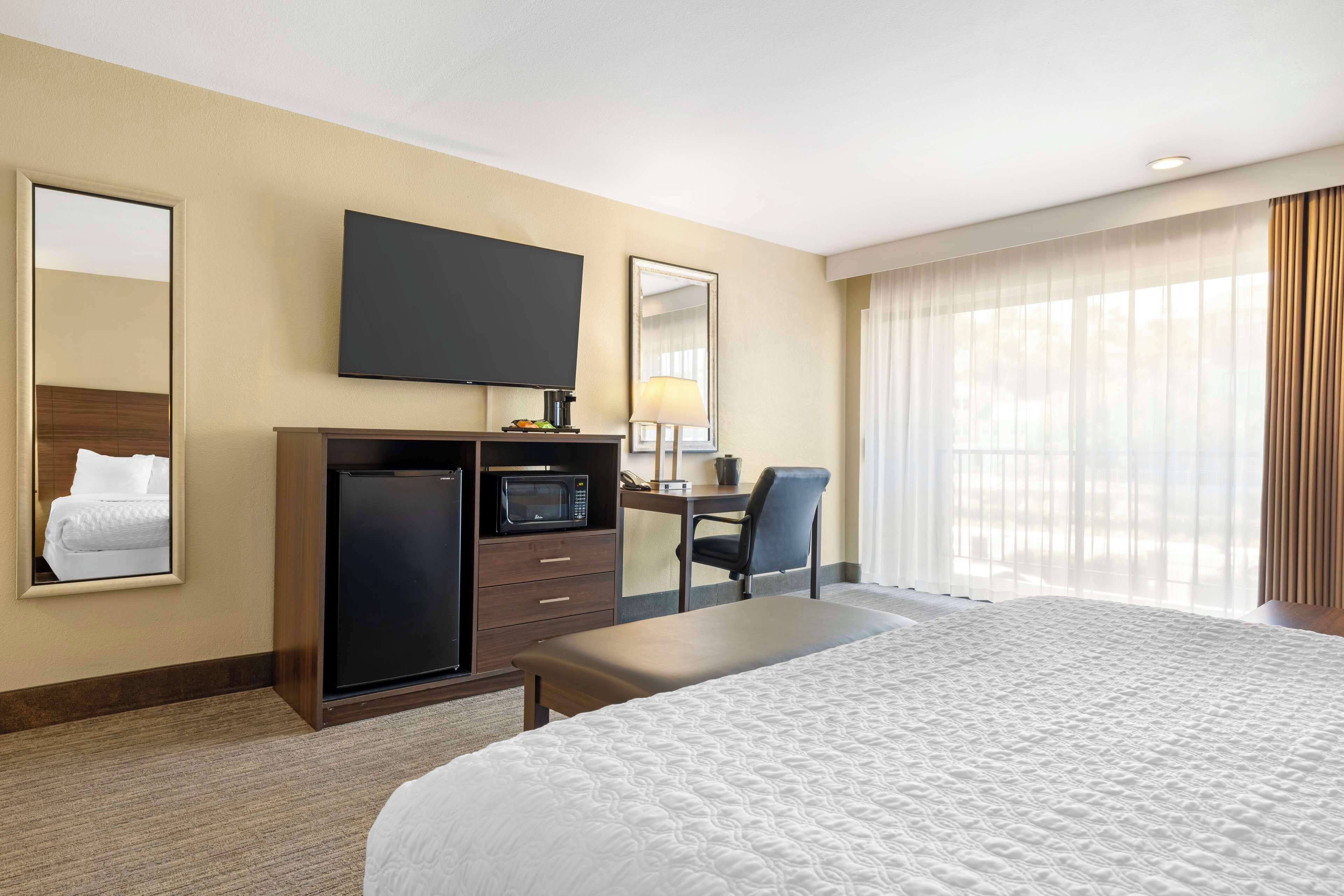 Una habitación de hotel con una cama grande, un escritorio con una silla, un televisor, un microondas y un espejo.