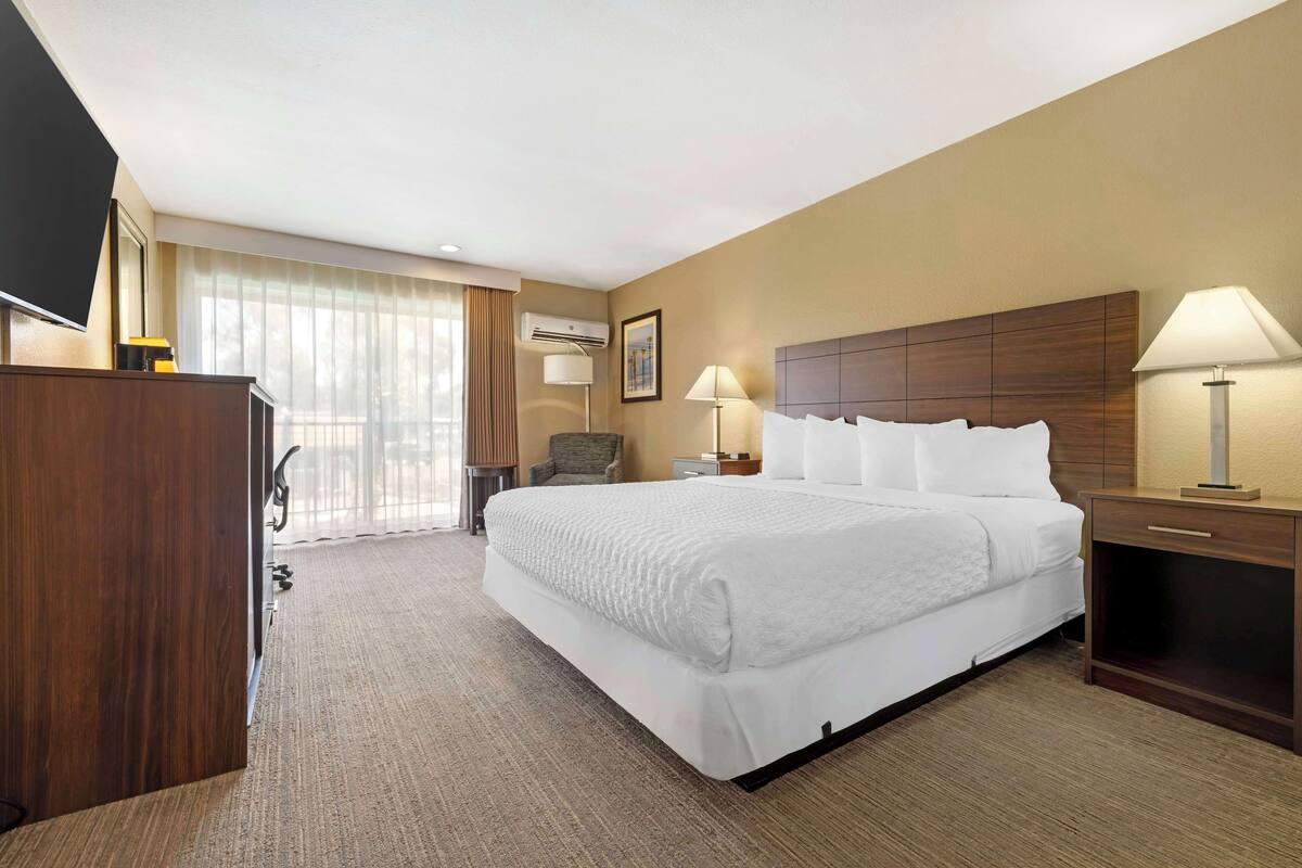 A hotel room with a large bed, a desk, a chair, a TV, and a window with curtains.