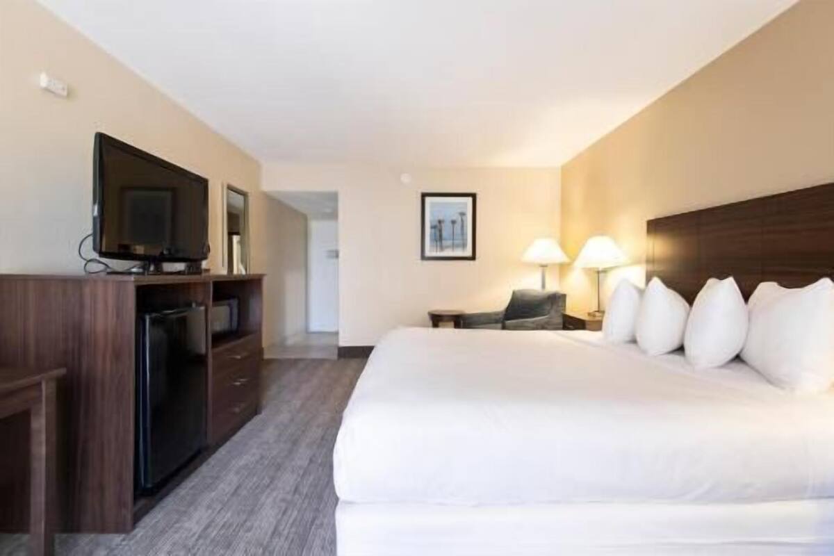 A hotel room with a bed, a television, a desk, and a chair.