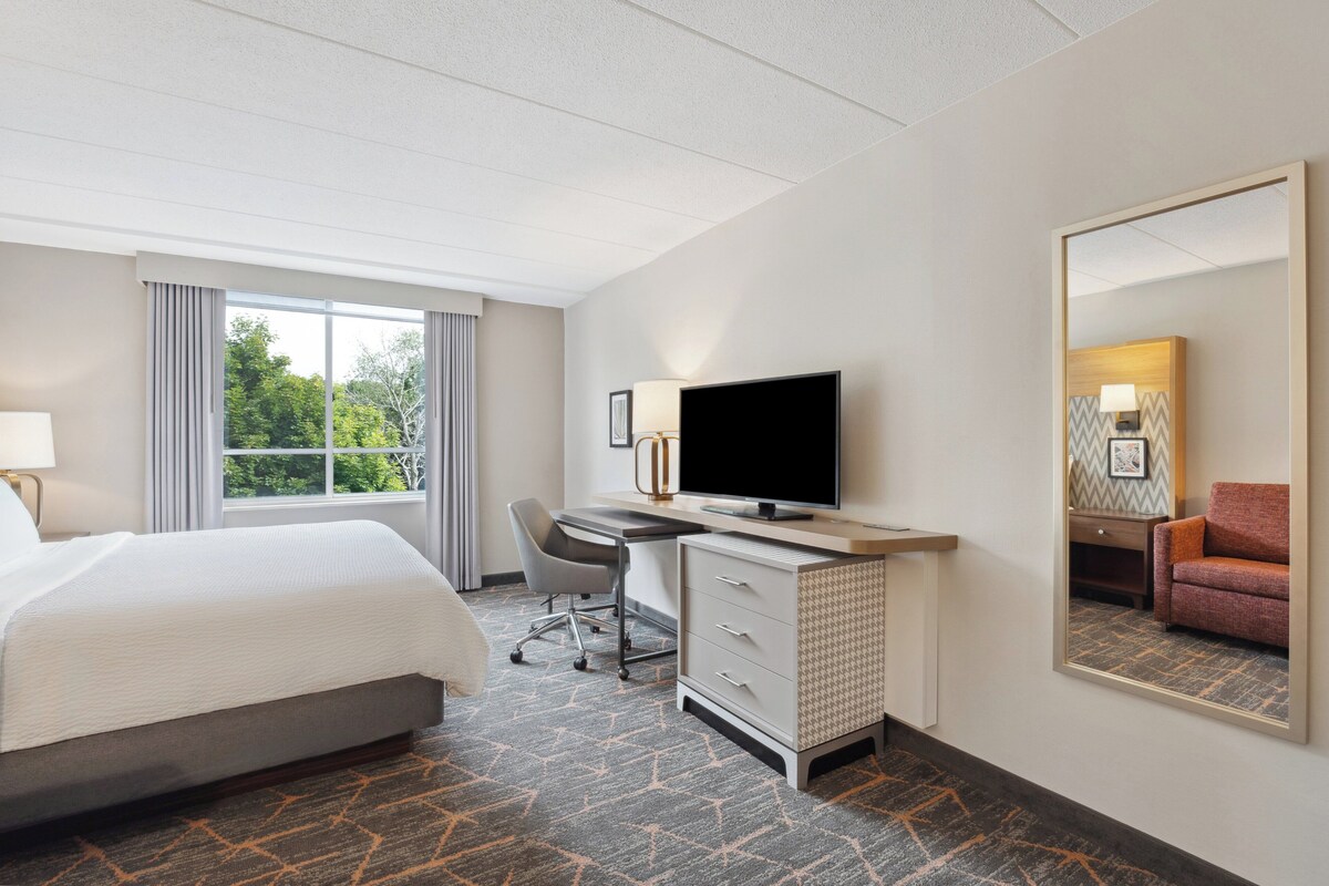 A hotel room with a bed, desk, TV, and a large mirror.