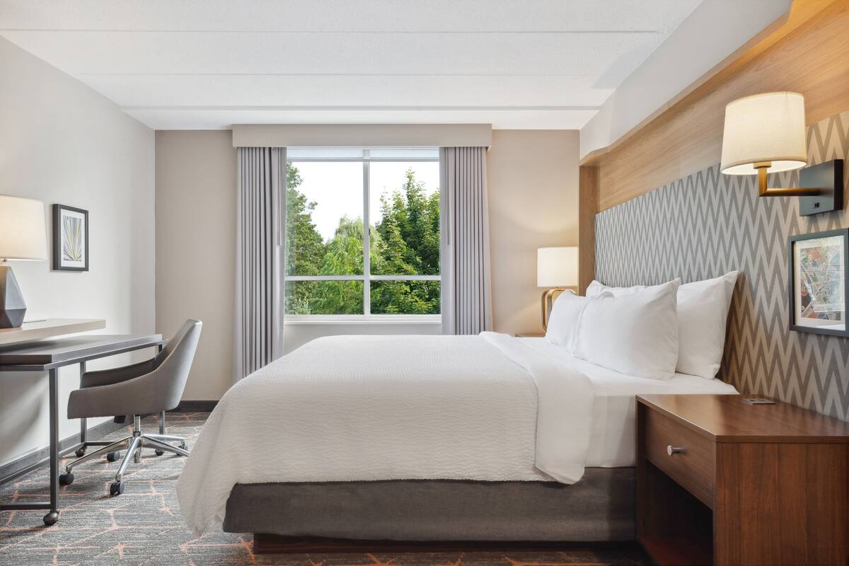 A hotel room with a bed, desk, chair, and a large window with curtains.