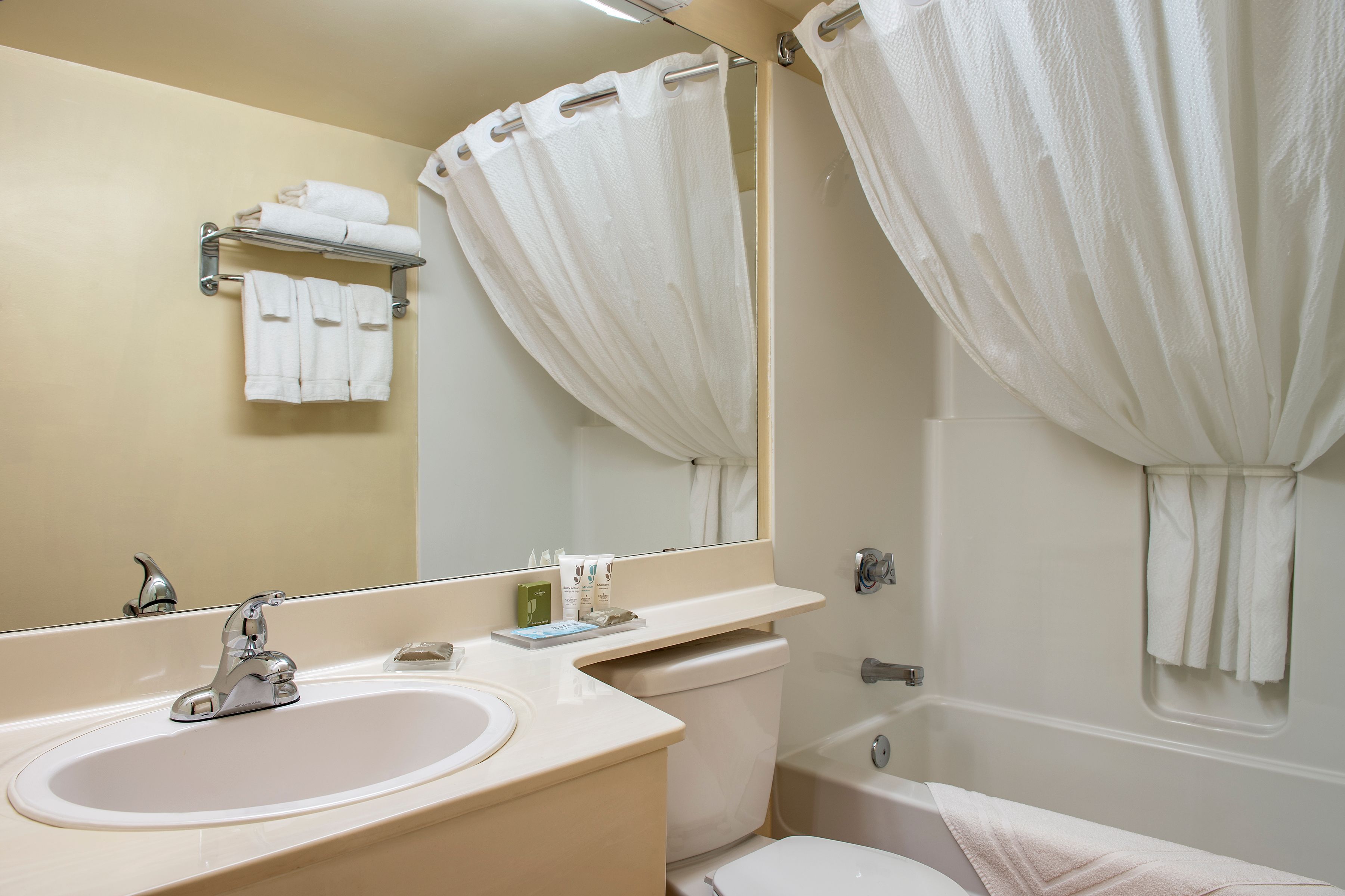 combined shower/bathtub, eco-friendly toiletries, hair dryer, towels