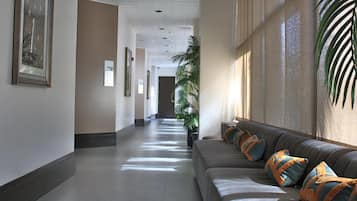 A hallway with a sofa and a large plant, leading to a door at the end.