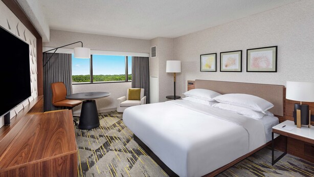 A hotel room with a large bed, a desk, a chair, a TV, and a window with a view of greenery.