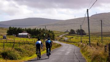 A rural road with cyclists, a farmhouse, and wind turbines in the background.