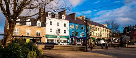A cobblestone square with historic buildings, a bench, and a tree.