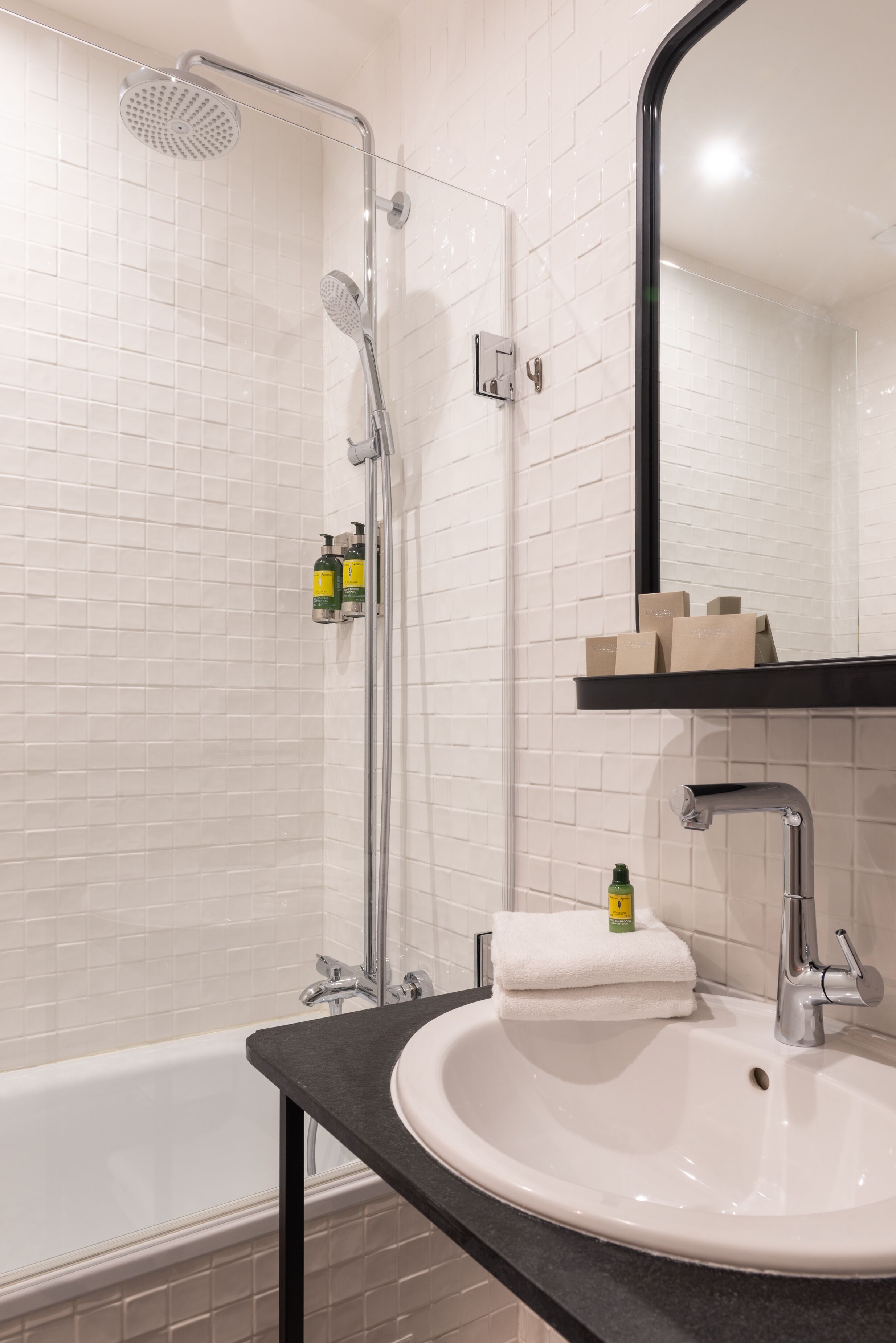 eco-friendly toiletries, hair dryer, towels, soap