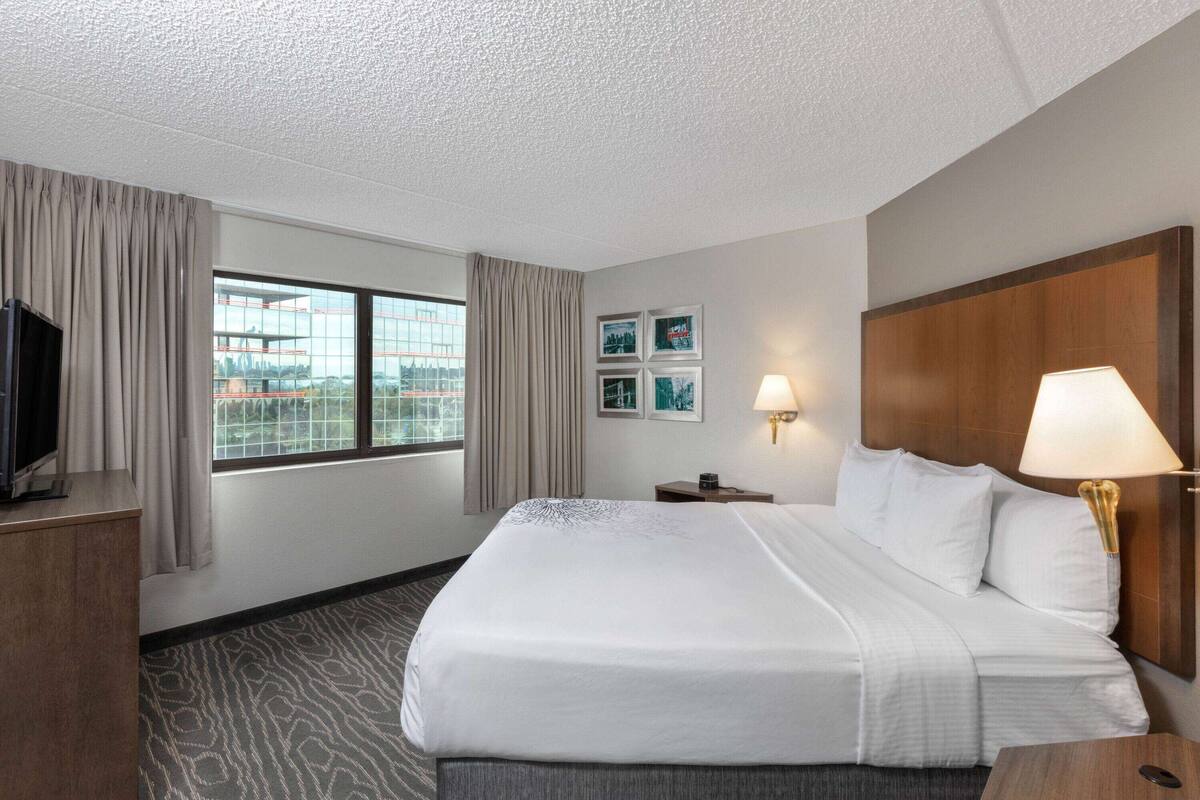 Habitación de hotel con una cama grande, un televisor de pantalla plana, un escritorio y una ventana con cortinas.
