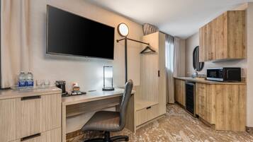 Premium bedding, desk, blackout curtains, soundproofing