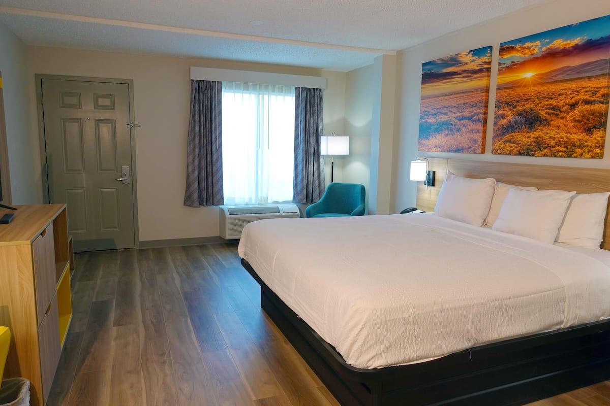 Une chambre d’hôtel avec un lit, un bureau, une chaise, une fenêtre avec des rideaux et un tableau au mur.