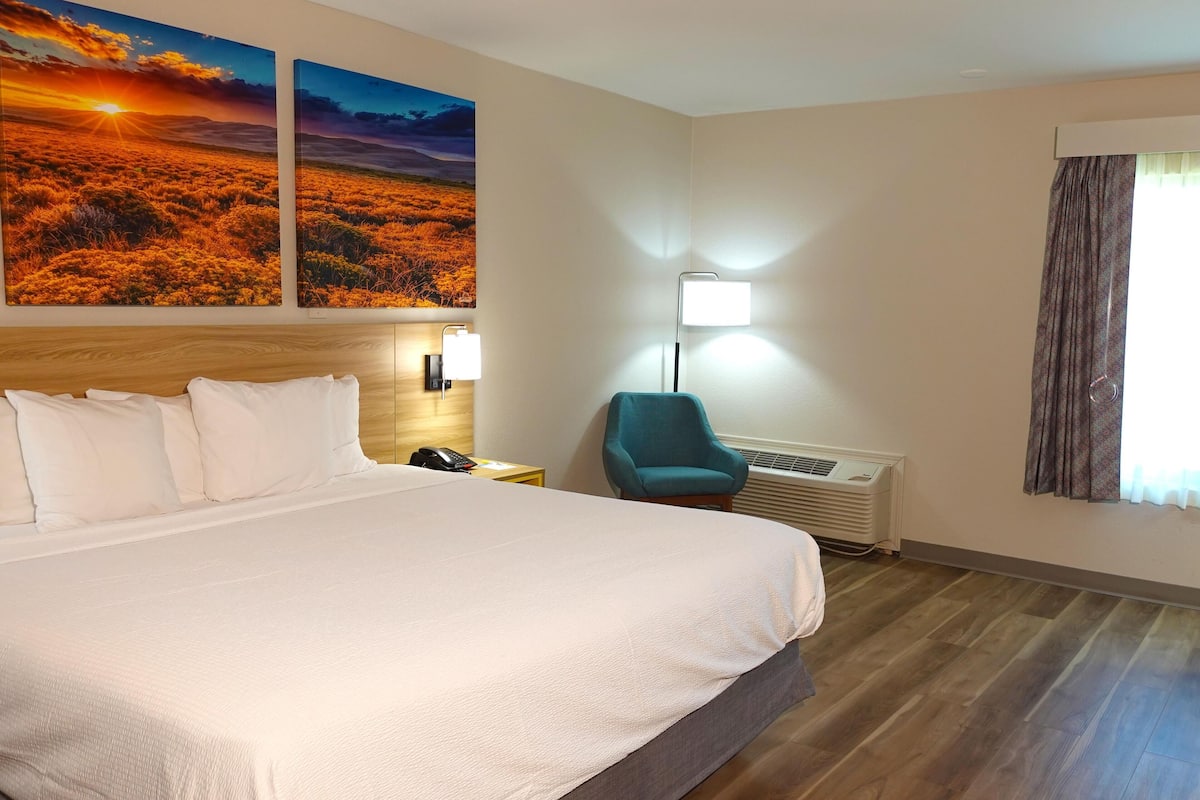 Une chambre d’hôtel avec un grand lit, deux tableaux accrochés au mur, un bureau avec une lampe, une chaise et un appareil de climatisation.