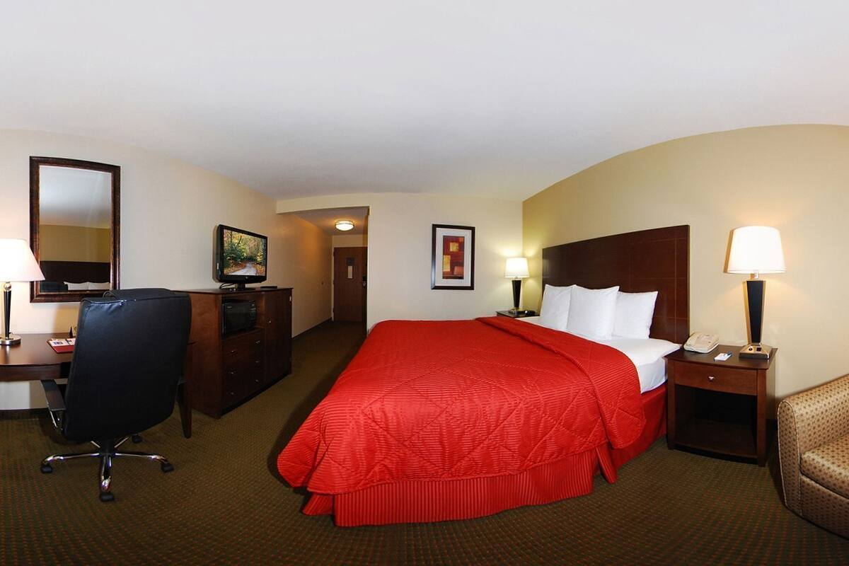 A hotel room with a large bed, a desk with a chair, a small table with a lamp, and a sofa.
