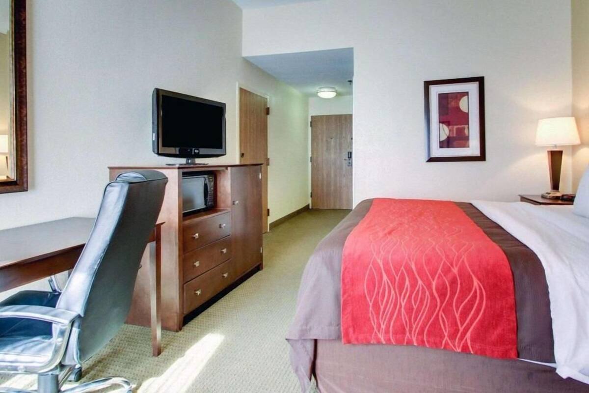 A hotel room with a bed, a desk with a chair, a television, a dresser, and a framed picture on the wall.