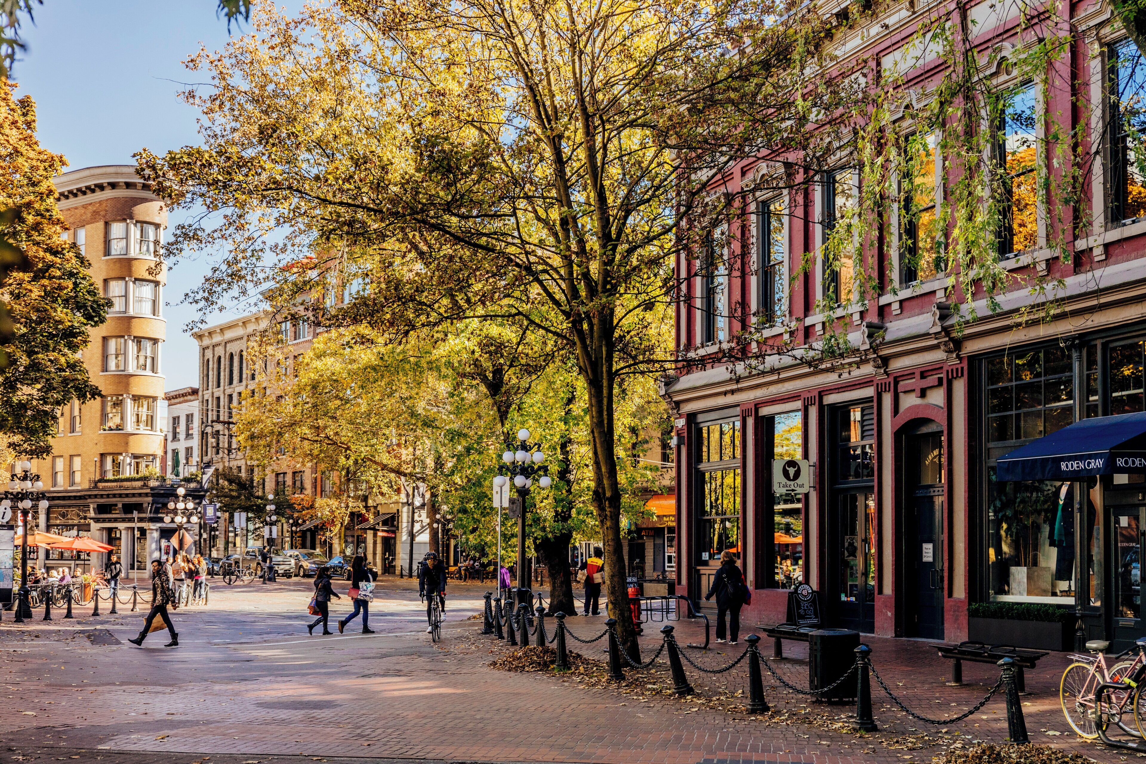 A street lined with historic buildings, a tree-lined sidewalk, and pedestrians.