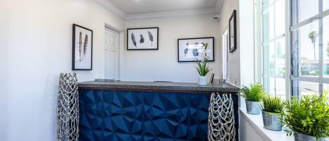 A reception area with a geometric-patterned blue counter, framed artwork on the walls, and potted plants on the windowsill.