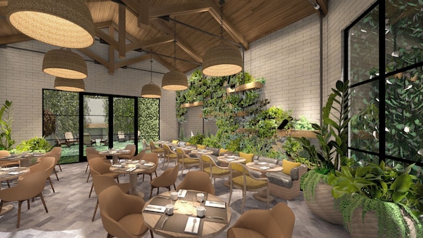 A modern indoor dining area with wooden ceiling beams, hanging wicker lamps, and a variety of seating arrangements. - The Greenleigh, River Oaks, Autograph Collection (Houston)