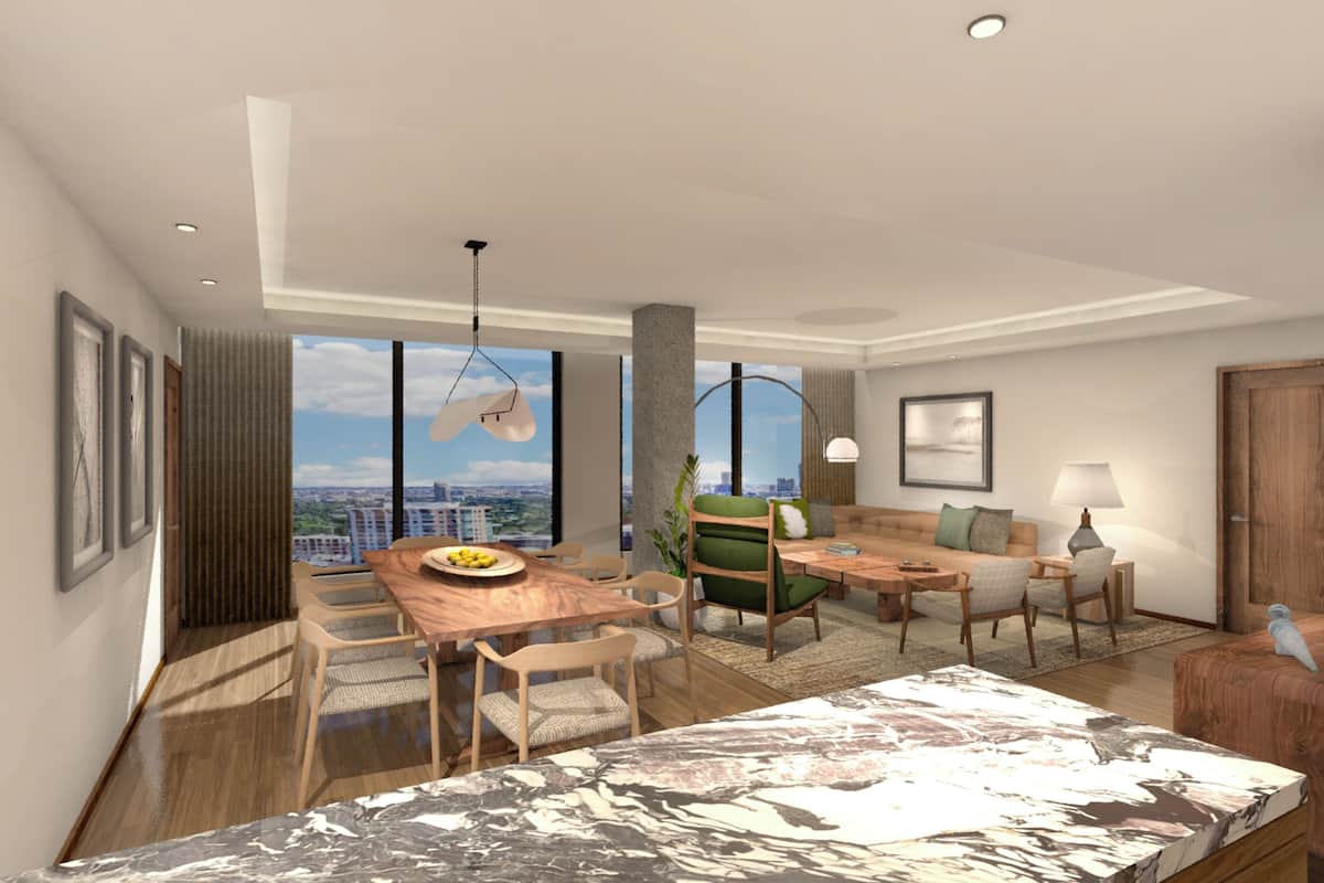 Una sala de estar moderna con comedor, ventanas grandes y vista a la ciudad.