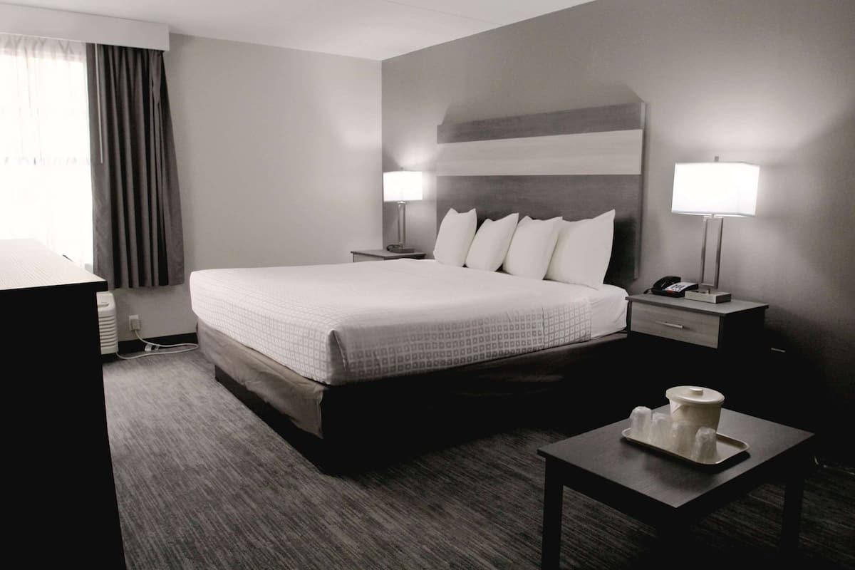 A hotel room with a bed, bedside tables, a desk, a lamp, and a trash bin.