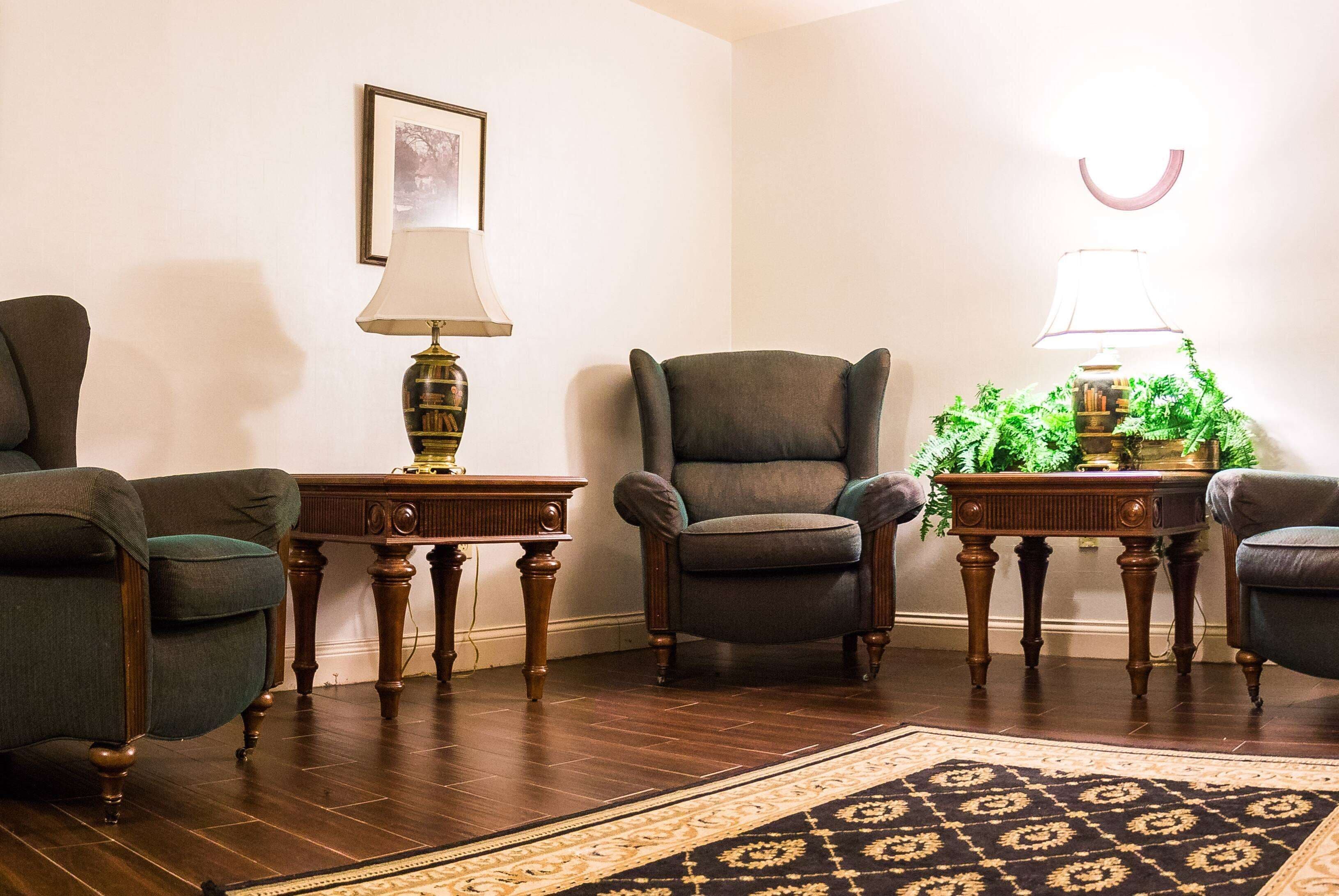 Uma sala de estar com piso de madeira escura, um tapete estampado e duas poltronas.
