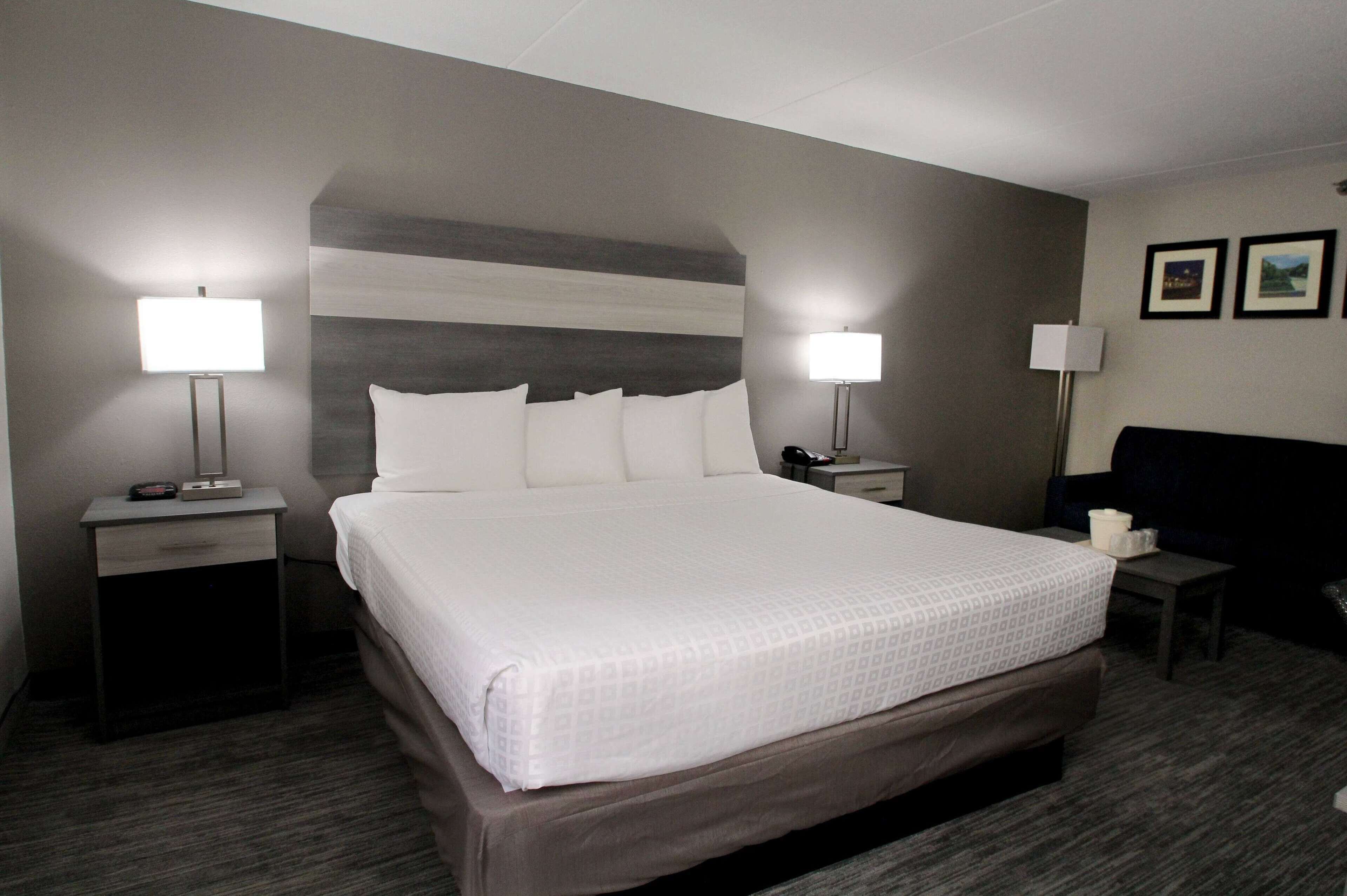 Habitación de hotel con una cama grande, dos mesitas de noche, dos lámparas de pared, un cabecero y dos cuadros enmarcados.