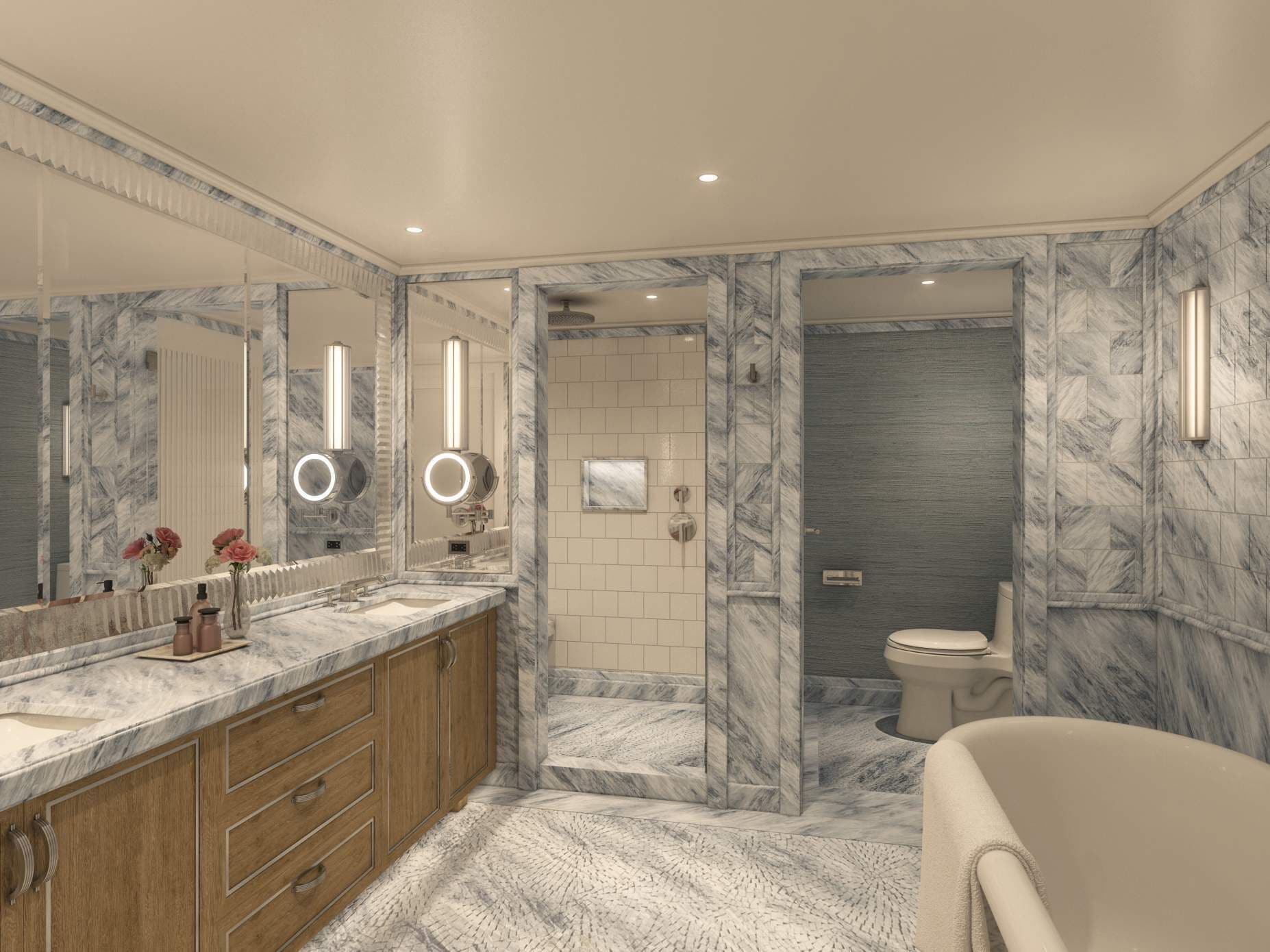 A luxurious bathroom with marble walls, a large mirror, dual sinks, a bathtub, and a shower area.