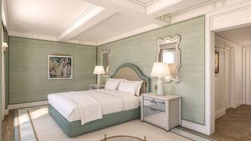 A spacious bedroom with a large bed, two bedside tables with lamps, a decorative mirror, and a painting on the wall.