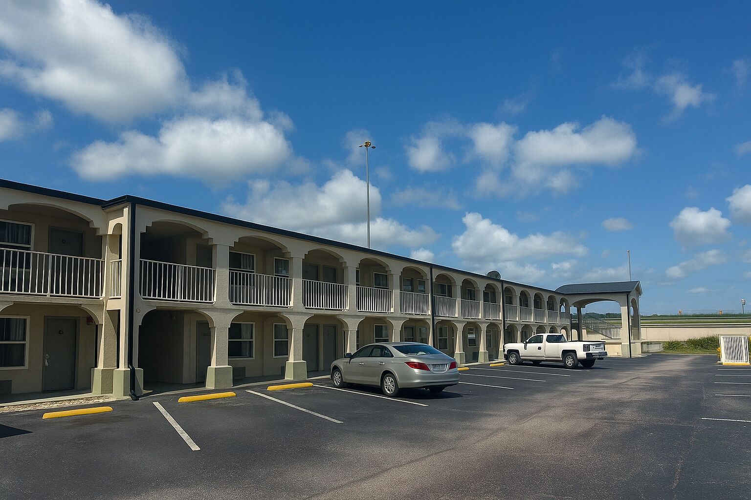 Un motel con diversi balconi, un parcheggio e un piccolo edificio con struttura a tetto.