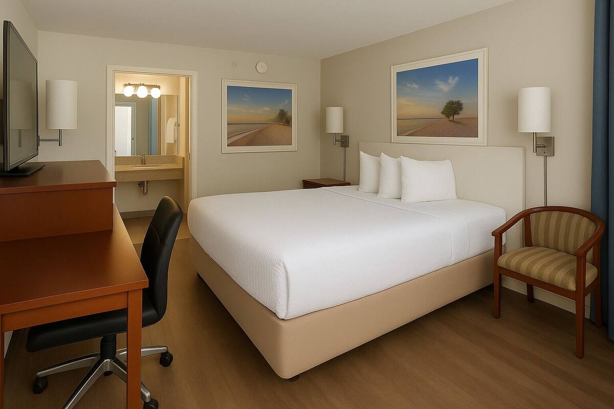 A hotel room with a large bed, a desk with a chair, a mirror, and two wall-mounted lamps.