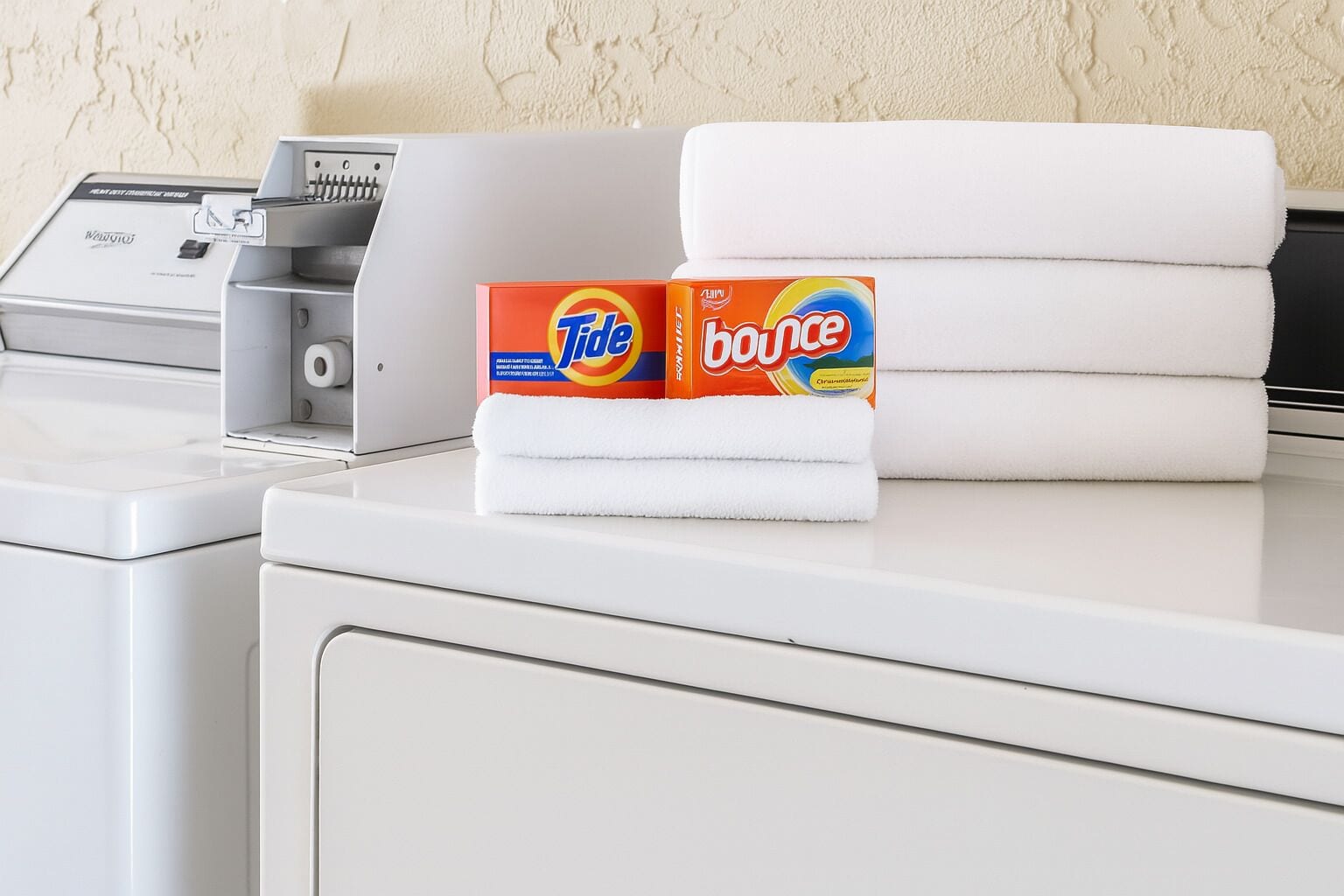 A washing machine with a box of Tide laundry detergent and a stack of white towels.