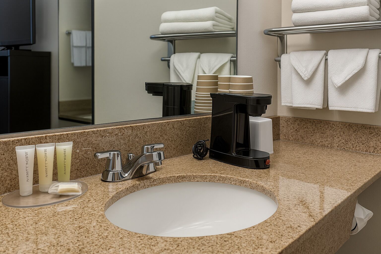 A hotel bathroom with a granite countertop, a white sink, a coffee maker, and toiletries.