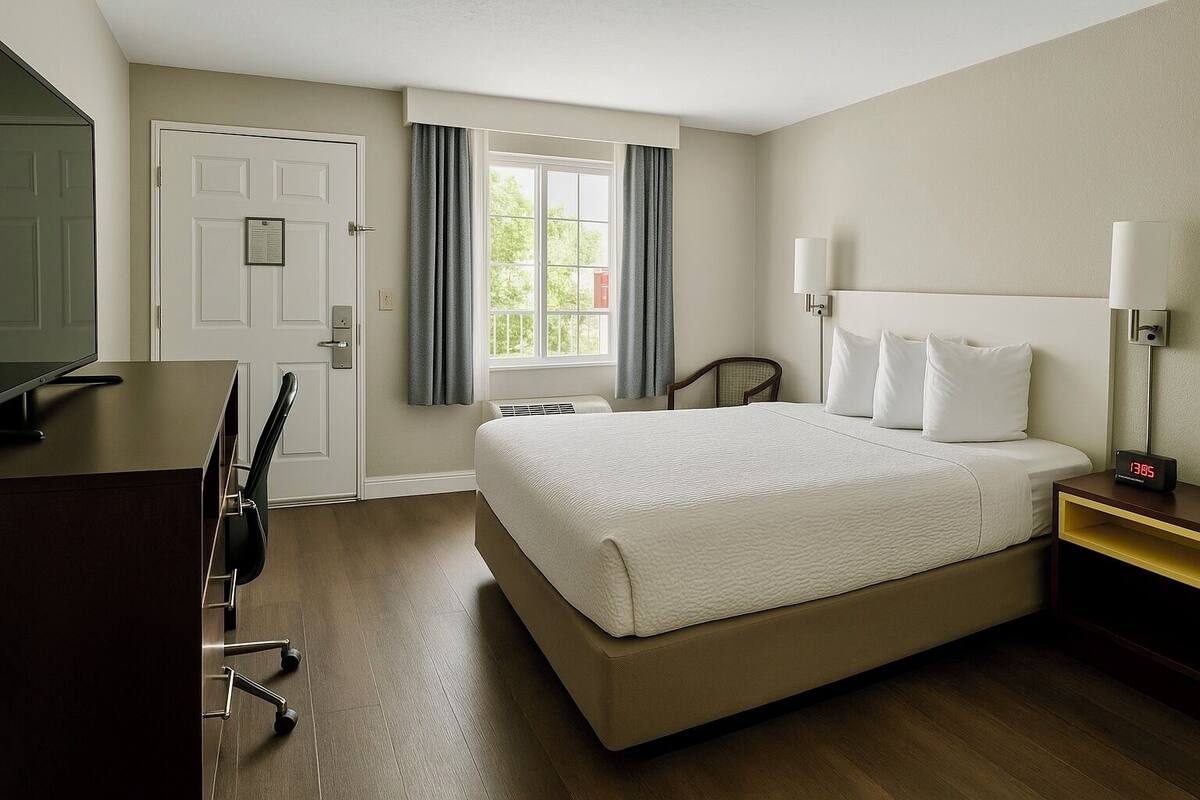 A hotel room with a bed, bedside lamps, a desk with a chair, and a television.