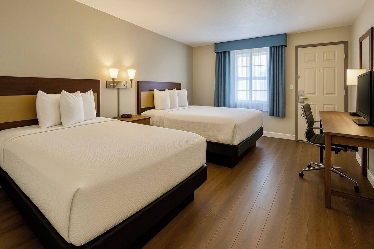 A hotel room with two beds, a desk, a chair, a TV, and a window with curtains.