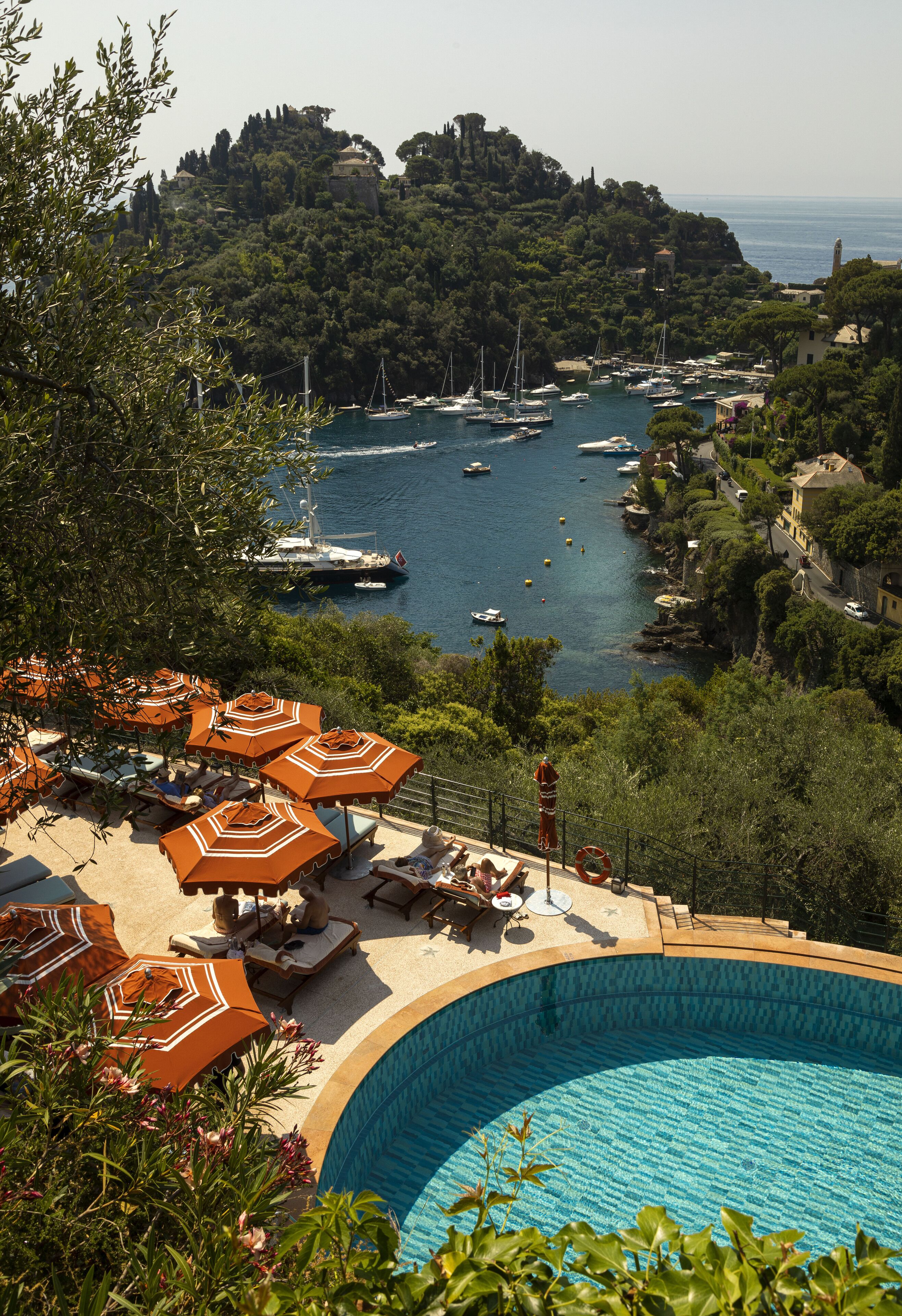 seasonal outdoor pool, pool umbrellas, pool loungers