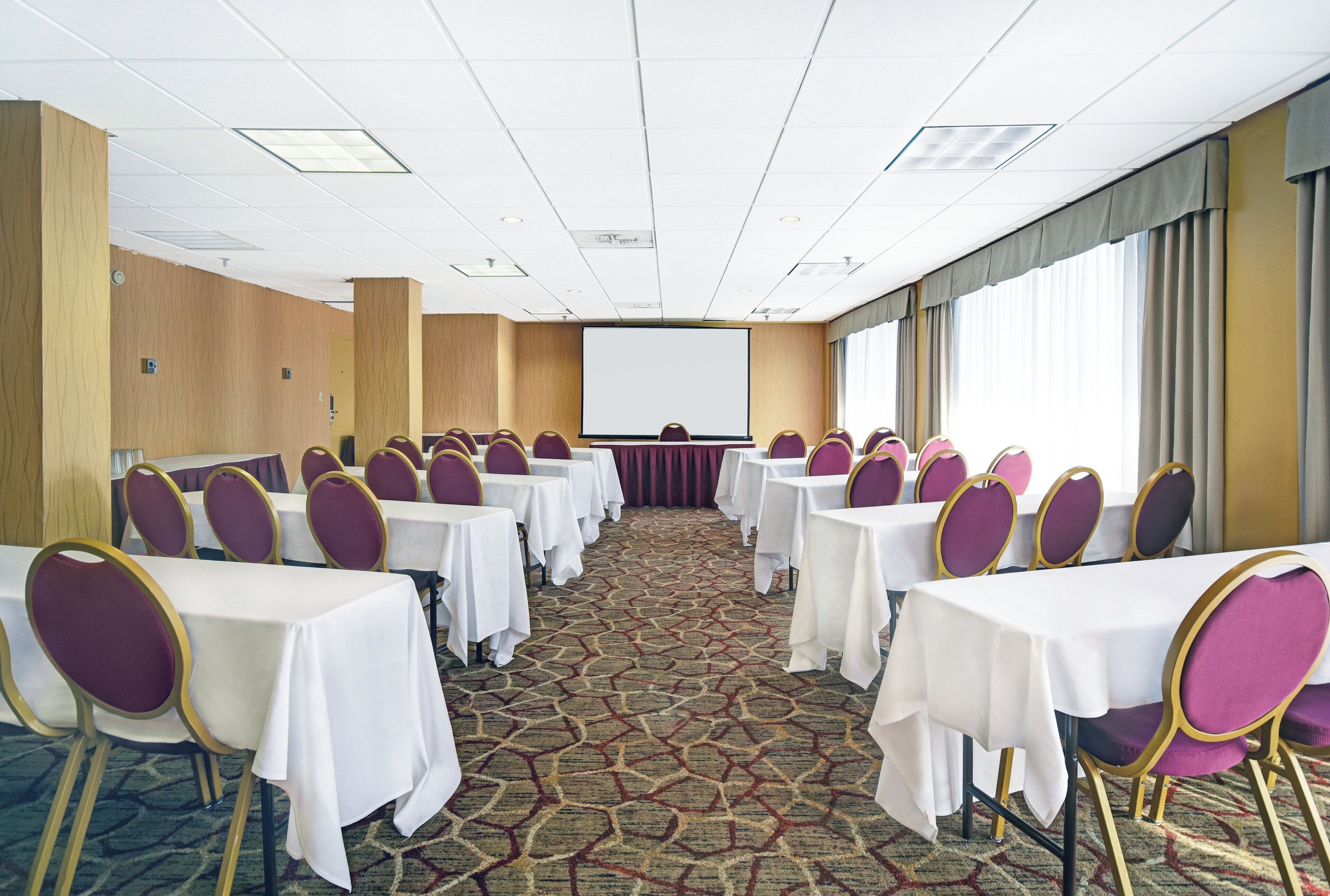 Ein Konferenzraum mit Tischen, Stühlen, einer Projektionsleinwand und einem gemusterten Teppich.