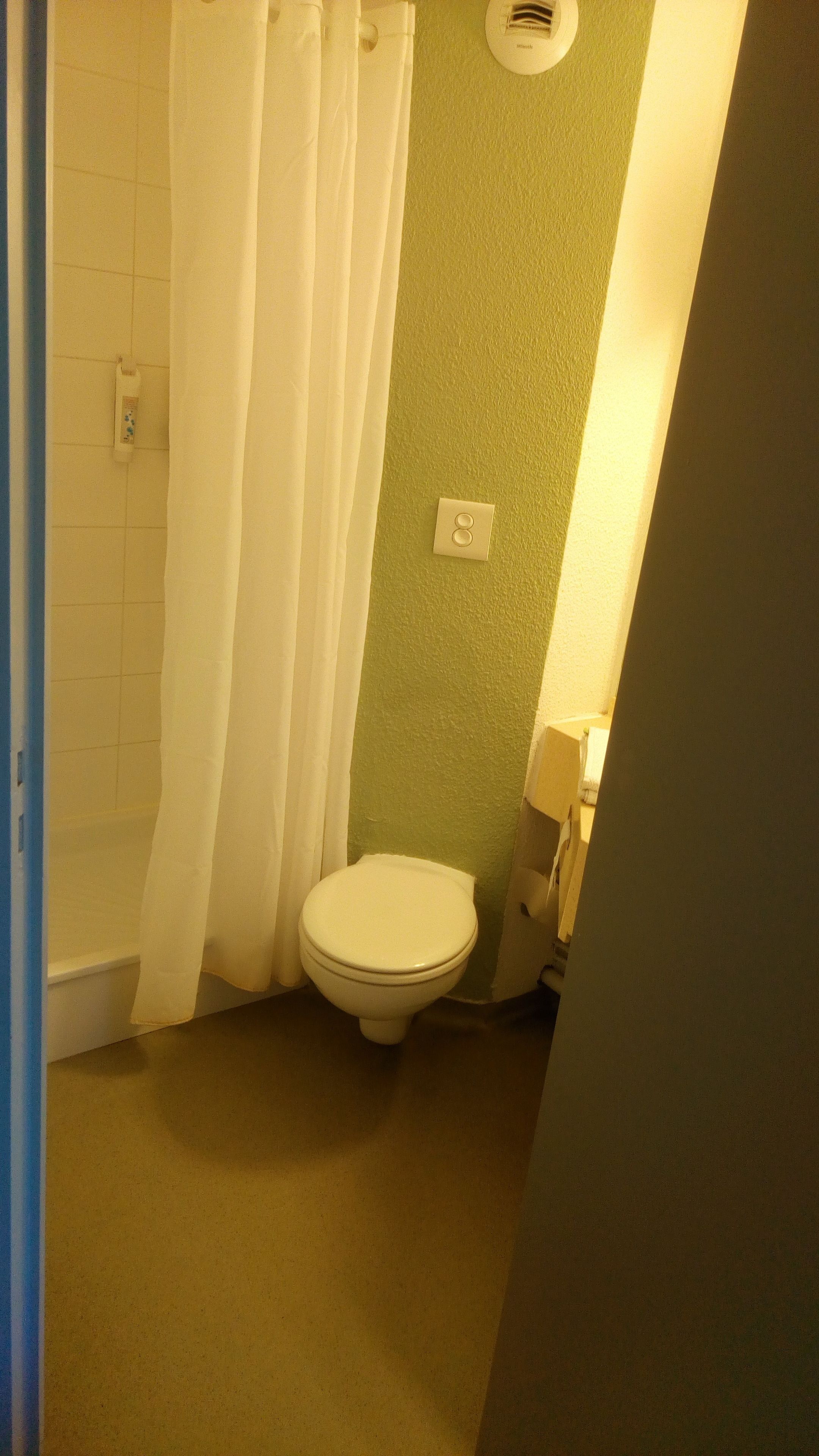 Ein kleines Badezimmer mit Toilette, Duschvorhang und einer Wandleuchte.