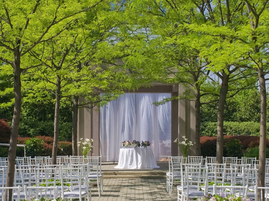 Espaço para casamento ao ar livre com cadeiras brancas dispostas em fileiras, palco coberto e paisagem com árvores e vegetação.