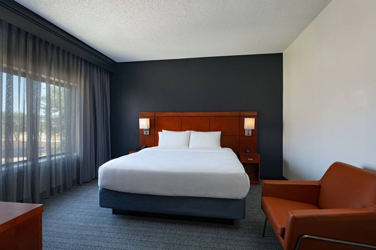 A hotel room with a large bed, a nightstand, a chair, and a view of the outdoors through sheer curtains.