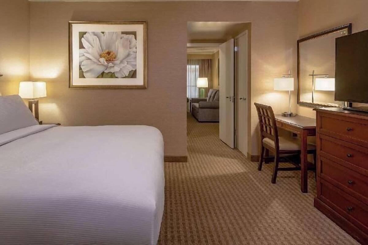 A hotel room with a bed, a desk, a chair, a dresser, a TV, and a framed picture on the wall.