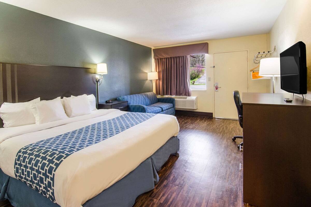Habitación de hotel con una cama grande, un escritorio, una silla, un televisor y una ventana con cortinas.