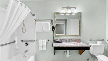 Une salle de bain avec une douche, un lavabo avec un miroir et des toilettes.