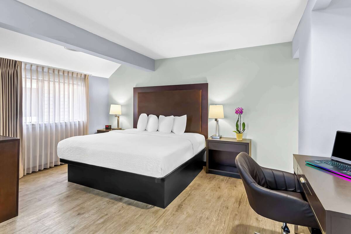 A hotel room with a large bed, a desk with a laptop, a chair, a nightstand with a lamp, and a window with curtains.