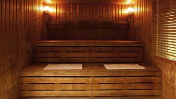 A sauna with wooden benches and wall-mounted lights.