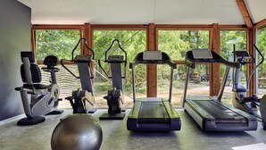 A gym with treadmills, elliptical machines, and a large exercise ball, with large windows offering a view of greenery. - Novotel Fontainebleau Ury (Ury)