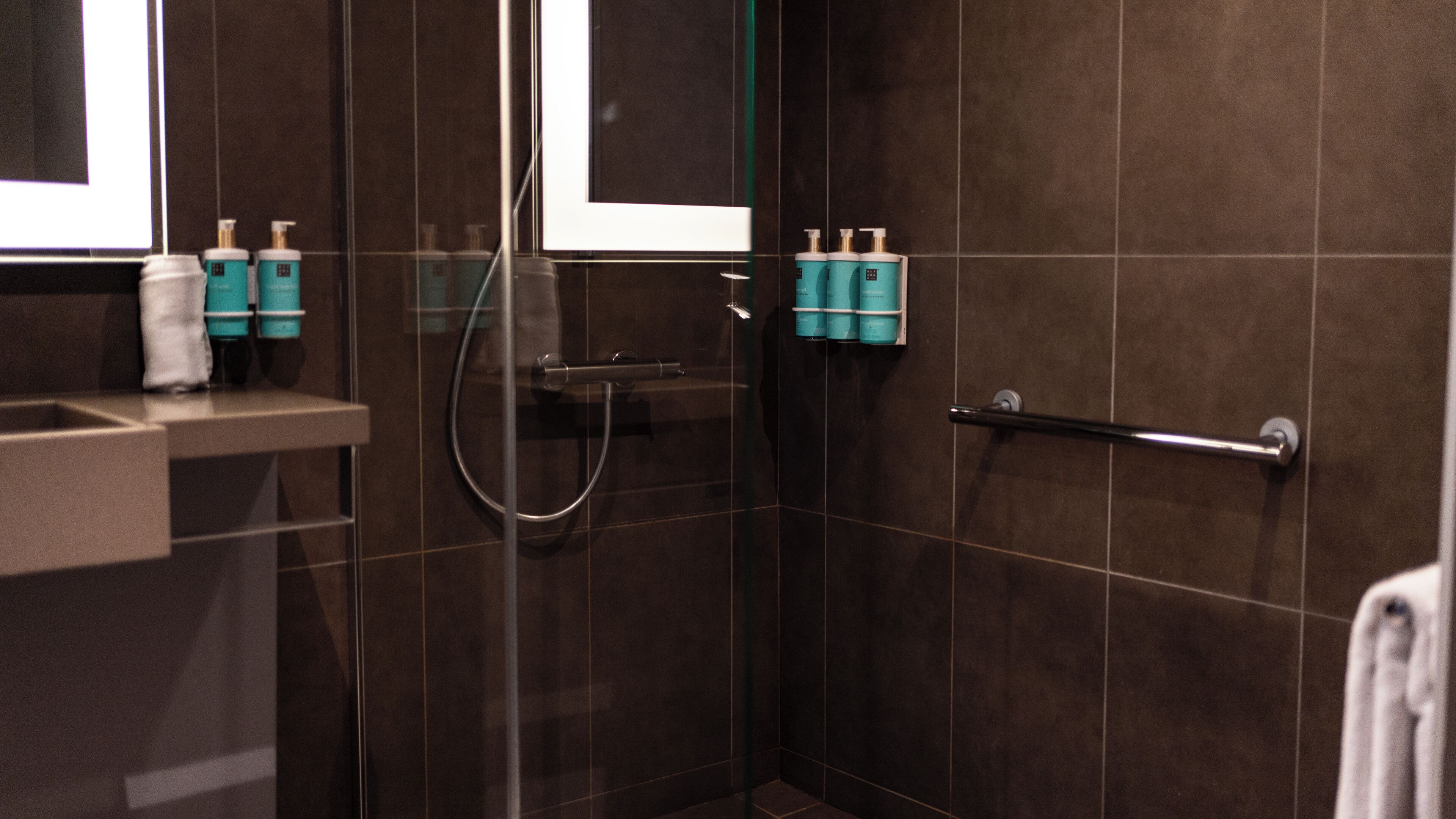 Ein Badezimmer mit dunklen Fliesen, einer Duschkabine aus Glas, einem Handtuchhalter und Pflegeprodukten an der Wand.