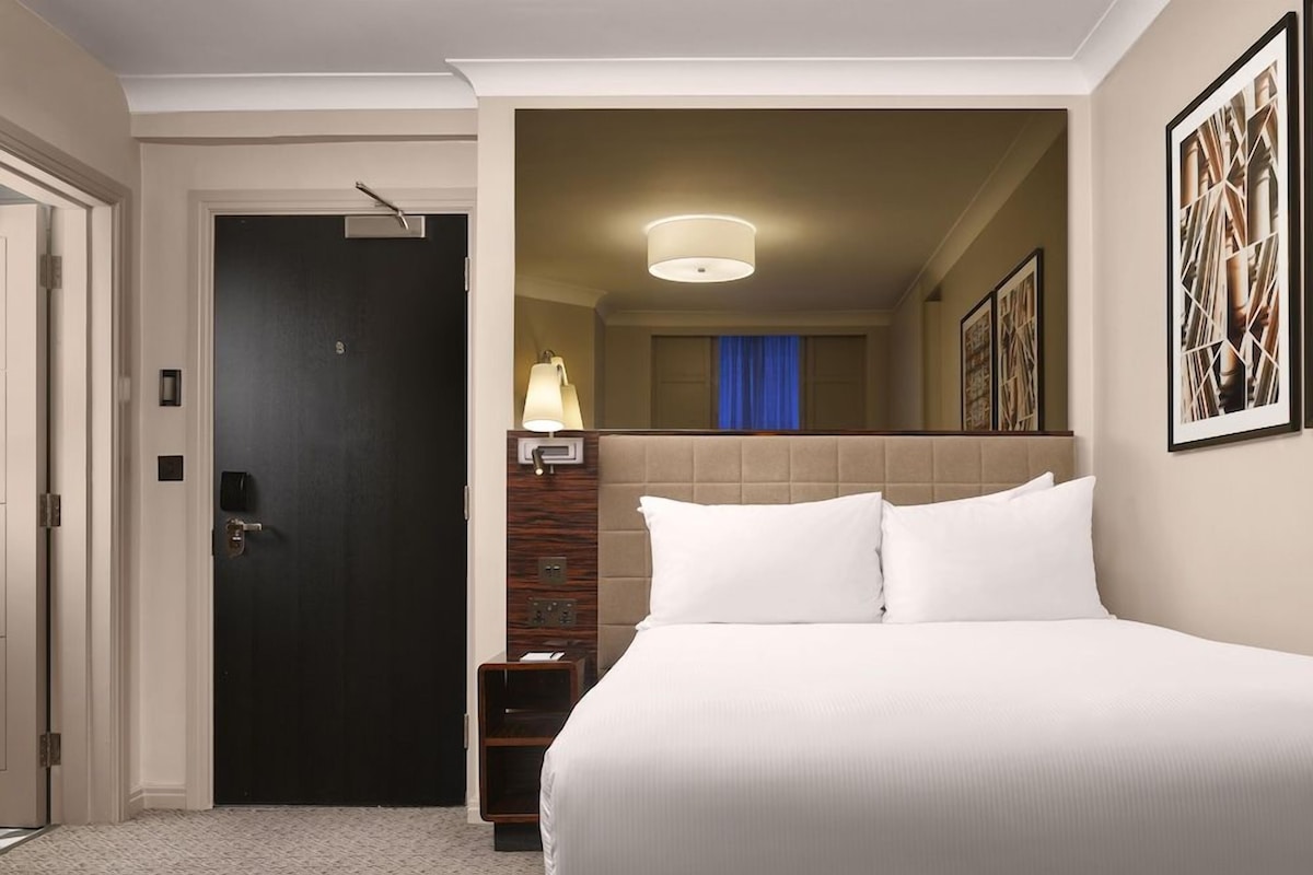Una habitación de hotel con una cama grande, una puerta oscura, una lámpara y una cortina azul.