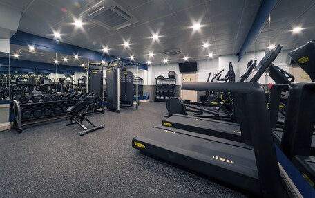 A gym with treadmills, weight machines, and free weights.