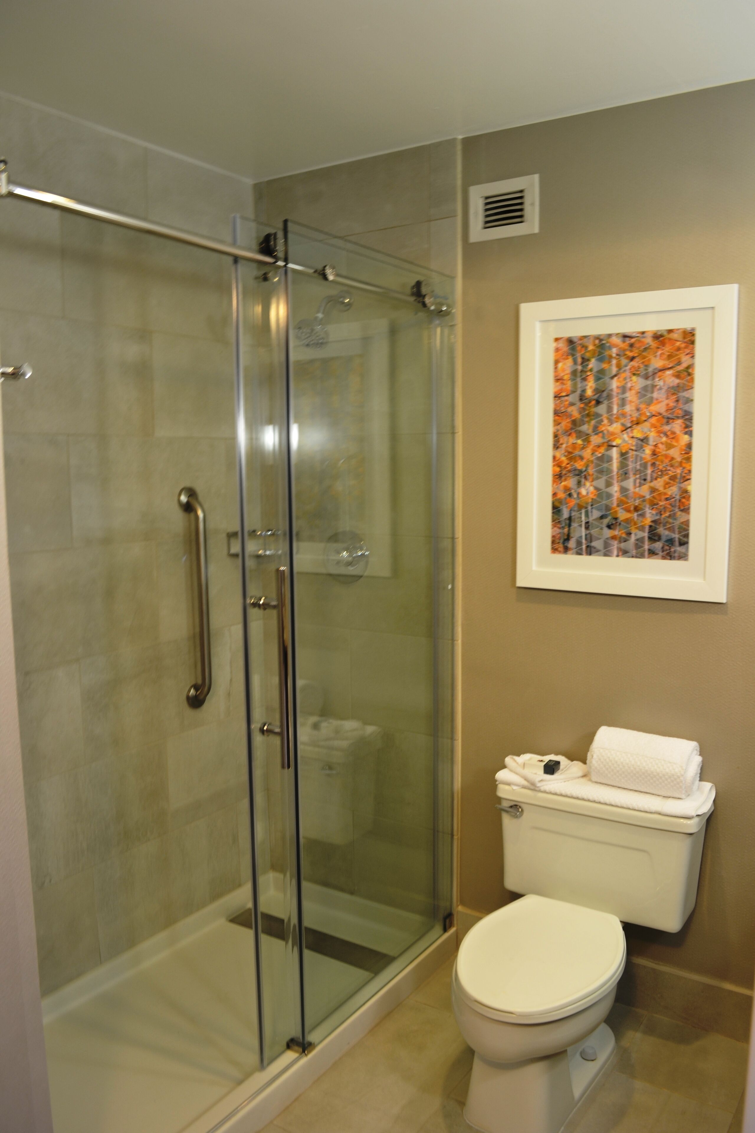 A bathroom with a glass-enclosed shower, a toilet, and a framed artwork on the wall.