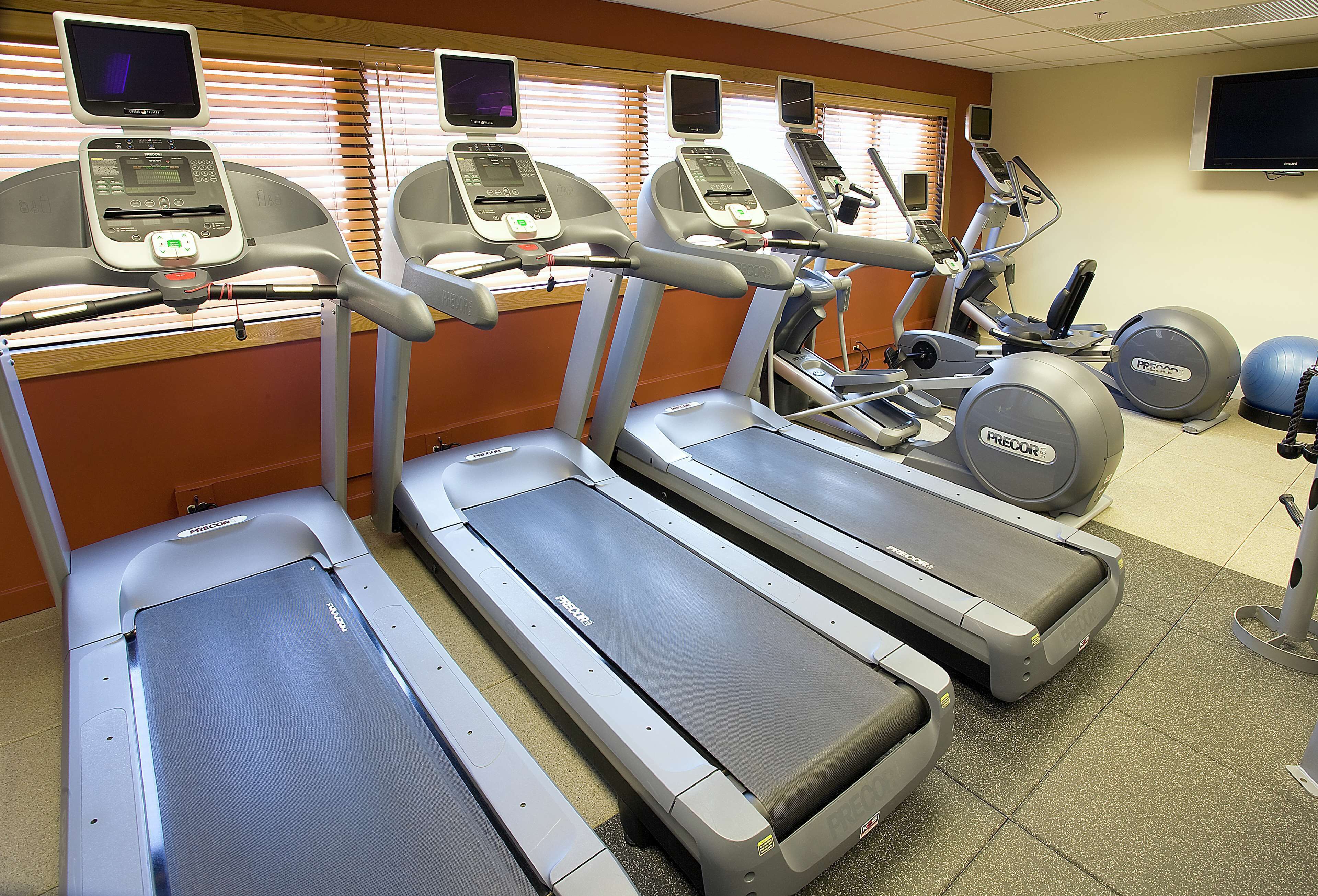 A gym with treadmills, ellipticals, and exercise balls.